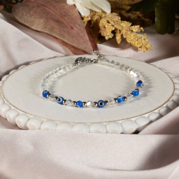 Bracelet Adjustable handmade Clear Crystal Turkish Eye For women Color Blue Gift - Picture 2 of 7